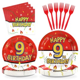 Grencian 96Pcs Happy 9th Birthday Party Supplies Cartoon Anime Themed Paper Plates and Napkins Tableware Sets Red and White Decoration for 9 Year Old Birthday Kids Children Party Serves 24