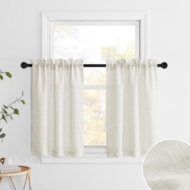 PONY DANCE Kitchen Curtains Over Sink 30 Inch Length, Flax Linen Rustic Farmhouse Short Cafe Sheer Curtains Rod Pocket Half Window Tiers for Small Window Bathroom Basement RV, Linen, 2 Panels