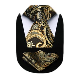 HISDERN Extra Long Floral Paislry Tie Handkerchief Men's Necktie & Pocket Square Set,Gold & Brown,XL, 63 inches length