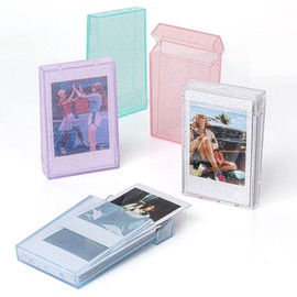 3 Inch Photo Storage Box, Crystal Texture Mini Photo Holder Case with Hand Rope for Instant Camera Photo (Blue Transparent Glitter)