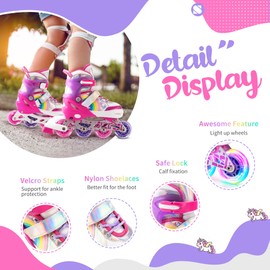 SULIFEEL Rainbow Unicorn Inline Skates for Girls Boys 4 Size Adjustable Light up Wheels Youth Skates Pink Large