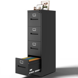 BIZOEIRON 4 Drawer Vertical File Cabinet Home Office Metal Filing Cabinet, D17.7 Locking File Cabinets with Keys, Anti-Tilt Design, Steel Drawer Cabinet for A4/Legal/Letter,Need Assemble (Black)
