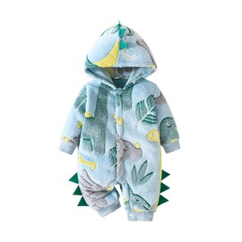 XIXIMAON Infant Baby Boy Plush Hooded Jumpsuit Dinosaur Pattern Button Front Long Sleeve Hoodie Romper Toddler Bodysuit Fall Winter Clothes (Navy Blue, 3-6 Months)