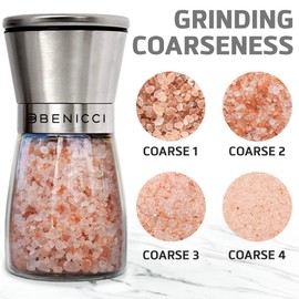 Beautiful Stainless Steel Salt and Pepper Grinder Set of 2 - Pepper Mill & Salt Mill with Adjustable Coarseness - Glass Spice Shakers - Easy Clean Ceramic Grinders w/Spoon & Cleaning Brush