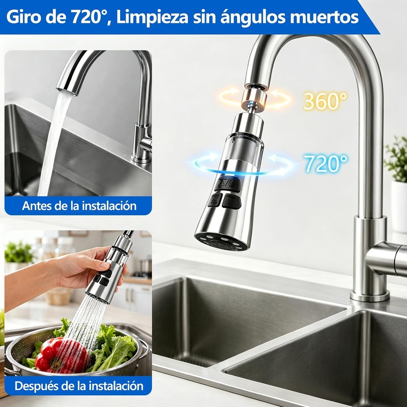 Aireador de Grifo Cocina con Filtro, 3 Modos Extensor G1/2