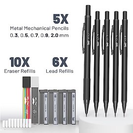 Mr. Pen - Juego de lápices mecánicos de metal con recargas de plomo y borrador, 5 tamaños, negro, 0.3, 0.5, 0.7, 0.9, 2 mm