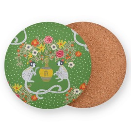susiyo Absorbent Coaster Sets of 4 Pieces, Vintage Monkeys in Chinoiserie Style Green Coasters with Cork Base Cups Place Mats for Coffee Bar Office Drinks Wooden Table Decor