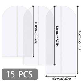 15 pcs Breathable Hanging Garment Bags, Clear Clothes Covers Dustproof Moth Proof Dress Bag Suit Cover Storage protector Bag 60 * 100 cm + 60 * 120 cm + 60 * 140 cm