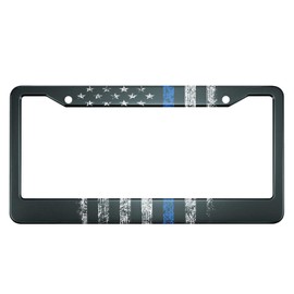 HOSNYE USA Police Flag License Plate Frame Blue Line Grunge Design Metal License Plate Cover Front Plates Frames Car Tag Frame for Women Men US Vehicles Standard