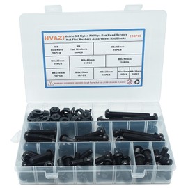 HVAZI Metric M8 Nylon Phillips Pan Head Screws Nuts Flat Washers Assortment Kit;Screws Lengths:10mm to 60mm(Black)
