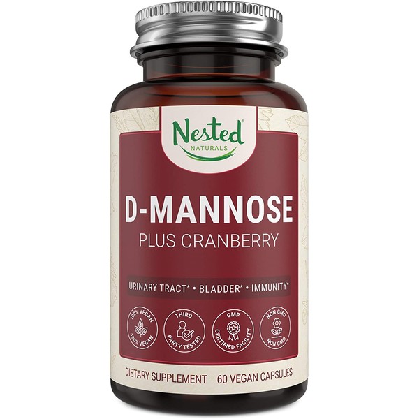 Nested Naturals D-Mannose 500 mg Supplement with Cranberry Extract | Natural Fast Treatment for UTI Bladder Infections | D Mannose Cranberry Pills | Urinary Tract & Bladder Health | 60 Vegan Capsules