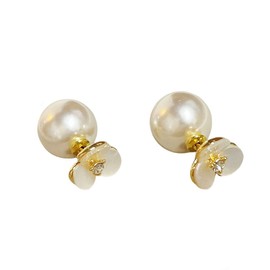 Dainty Double-sided Shell Flower CZ Pearl Earrings for Women Fashion Round Pearl Front Back Stud Earring Wedding Birthday Jewelry Gifts Her
