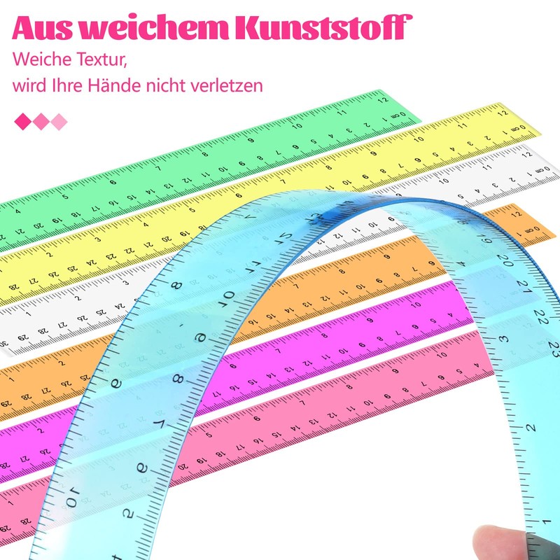 7 Pieces Ruler, 30 cm Ruler, Coloured Plastic Ruler, Transparent