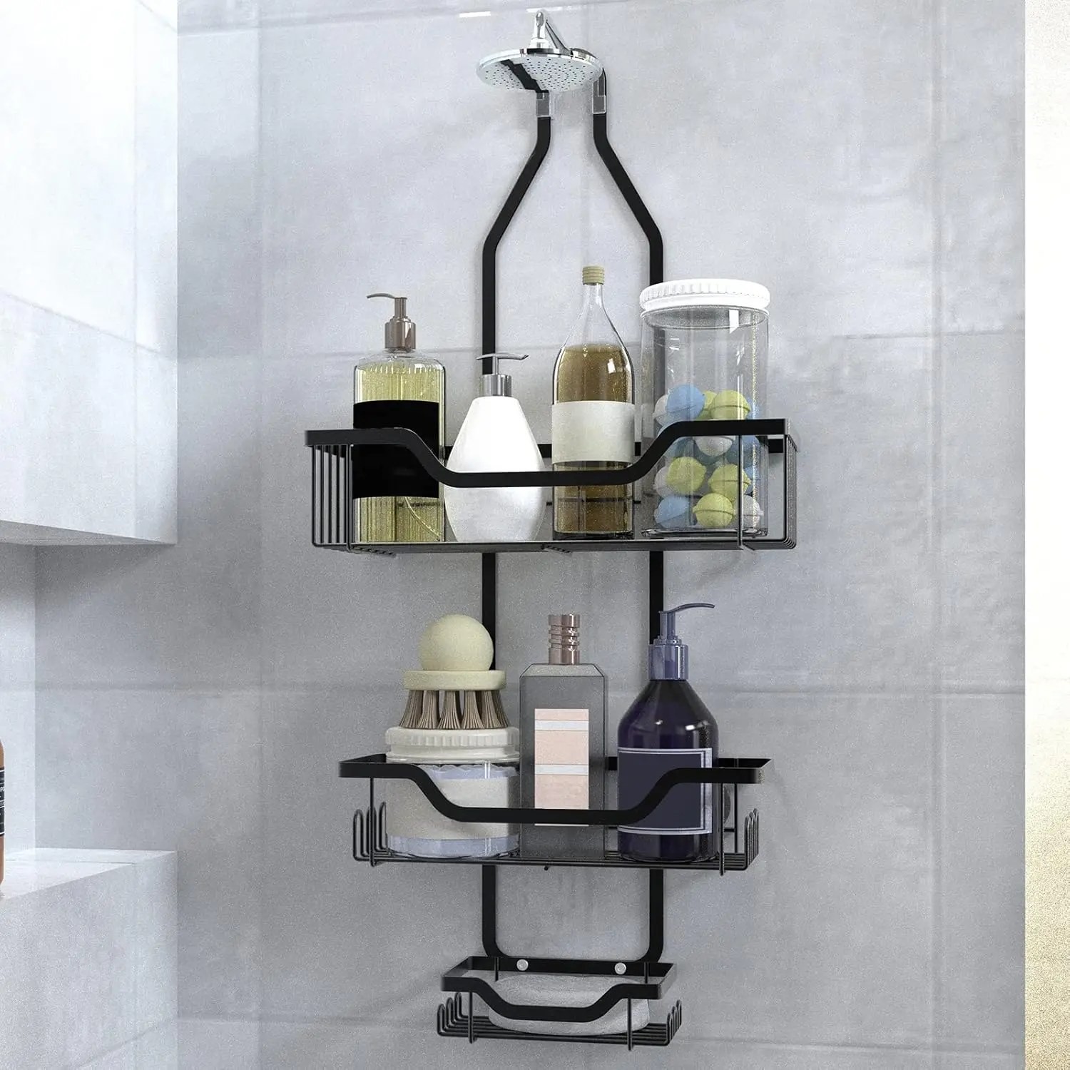 OrganiMax Shower Caddy Organizer – 3-Tier Shelves with Soap Holder and Hooks, Bathroom and College Dorm Shower Storage