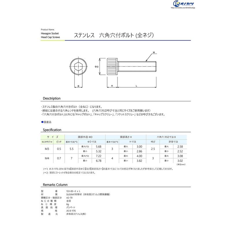 Onokatsu 133-00-0310 Stainless Steel Hex Socket Bolt, Full Thread, M3x10,