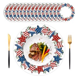 50 Pcs Independence Day Placemats Round Paper Place Mats Disposable,13.4 Inch American Flag Stars Eucalyptus Memorial Day 4th of July Table Mats for Party Kitchen Dining Decoration