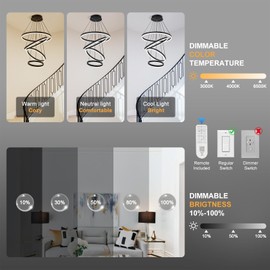 XGZL · LIGHTING 4-Rings Modern LED Chandelier Black Contemporary for Living Room, Dimmable Flush Mount High Ceiling Pendant Light with Remote Control for Staircase Dining Room(D23.6’’, 3000K-6500K)