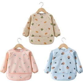 Lätzchen mit Ärmeln Baby,Wasserdicht Langarm mit Auffangschale,Weiches PU-Material für Babys 0-24 Monate, Fütterlätzchen für Sauberkeit beim Essen, Hautfreundlich und Leicht zu Reinigen (Braun)