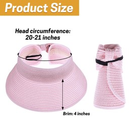 Girls Roll Up Straw Sun Visor, Wide Brim UV Protection Beach Hat with Bowknot and Adjustable Hook and Loop, Paper Straw, 4-Inch Brim(Pink)