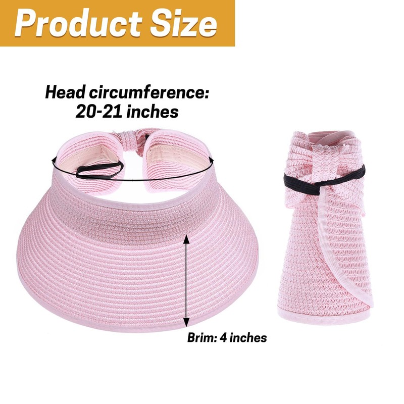 Girls Roll Up Straw Sun Visor, Wide Brim UV Protection