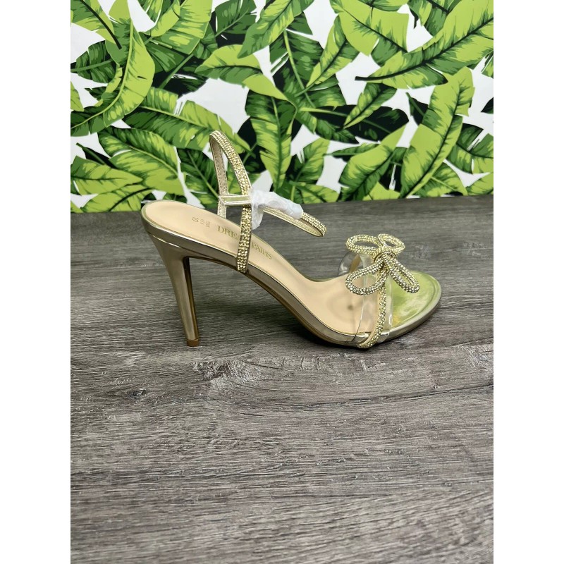 Dream Paris Women’s Heels Round Toe Rhinestones Double Bowknots Gold