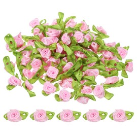 PATIKIL Mini Ribbon Roses, 100 Pcs Tiny Satin Fabric Flowers with Green Leaves Embellishments Rosettes Applique for DIY Crafts Sewing Wedding,Pink