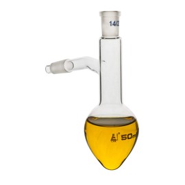 Distilling Flask, 50ml - 14/23 Joint & Side Socket - Borosilicate Glass, Pear Shape - Short Neck - Eisco Labs