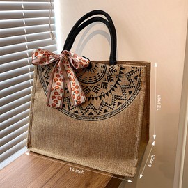 Jute Tote Bags for Women,14''x12'' Large Burlap Tote Bag with Laminated Interior and Soft Handles for Shopping Traveling