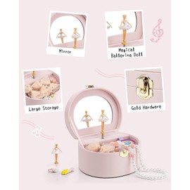 Vlando Musical Jewellery Box with Spinning Ballerina, Handheld Jewel Storage Case Childrens Musice Box Jewellery Storage Boxes with Lids for Children Bracelet,Ring,Necklasem, Apricot Pink