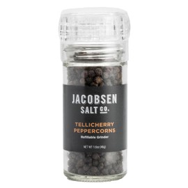 Jacobsen Salt Co. Molinillo De Pimienta Tellicherry - Pimienta Negra Fresca Entera Con Molinillo Manual, Ideal Para Sazonar Carnes, Pollo Y Asar Carne, Precargado Y Rellenable - 28 G (Paquete De 1)