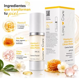 LOVY CARE Crema Facial con Vitamina E, Jalea Real y Células Madre, 30 ml, pH 5.5 Hidratación, Regeneración y Antiedad