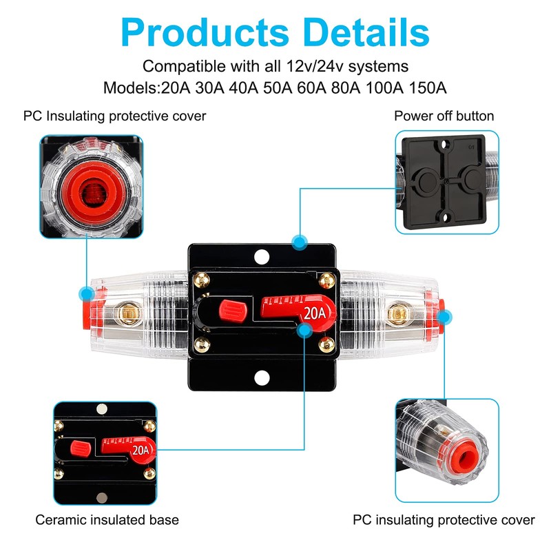 20 Amp Audio Circuit Breaker,12V-24V DC Fuse Holder,20-300A Breaker Switch,Inline