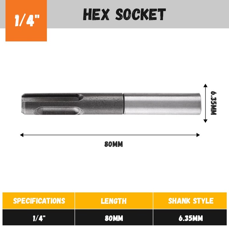 Glomora 1/2" to SDS Adapter, 1/4" Hex Socket Adaptor 1/4"