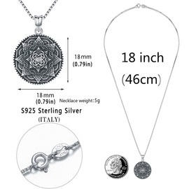 Friggem Sterling Silver Mandala Necklace,Flower of Life Pendant Necklace for Teen Girls Gift for Women,3D Blooming Black Mandala Pendant Chain 18",Vintage Viking Necklace Jewelry with Fine Gift Box