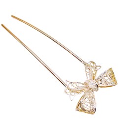 Miaomyao U-shaped Hair Ornament, Japanese Kimono, Yukata, Metal, Openwork Pattern, Lace, Ribbon, Bowknot Hair Accessory (Gold)