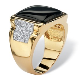 PalmBeach Men's Yellow Gold-Plated Cushion Natural Black Onyx and Round Cubic Zirconia Ring Sizes 8-16 Size 9
