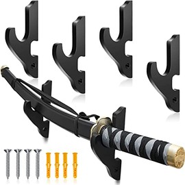 Yookeer 4 Sets Sword Wall Mount Adjustable Sword Holder Wood Martial Arts Weapons Stand Samurai Sword Weapon Wall Mount Wooden Sword Hangers with Nails Sword Display Supplies (Wood, Black)