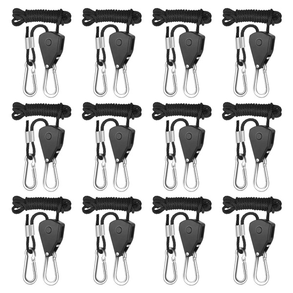 iPower 6 Pairs 1/8 Inch Adjustable Heavy Duty Rope Hanger Ratchet Grow Light Fixtures, Reinforced Metal Internal Gears, 150lbs Weight Capacity, 8-Feet Long Black