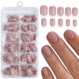 LoveOurHome 240PC Square Press on Nails Short Fake Nail, Short Press on Nails Square Dark Nude Glue on Nail Full Cover Artificial Fingernail Girls Kids XS Acrylic Nail Press Nail with Adhesive Tabs
