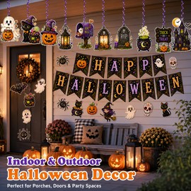 Halloween Party Decorations Indoor Outdoor Set, Happy Halloween Banner with Halloween Cutout Decorations Spiral Hanging Decorations for Home Office Classroom Trick or Treat Party Decor