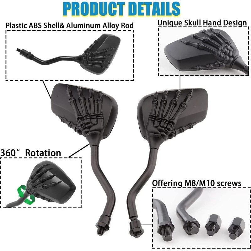 DREAMIZER Universal Motorcycle Black 8mm/10mm Skull Skeleton Hands Side Rear