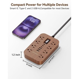 Walnut Power Strip with USB Ports - 5 FT Wood Power Strip, 1625W Decorative Extension Cord with 6 AC Outlet 3 USB, for Brown Tan Wood Walnut Grain Aesthetic Vintage Rustic Desk Accessories Decor