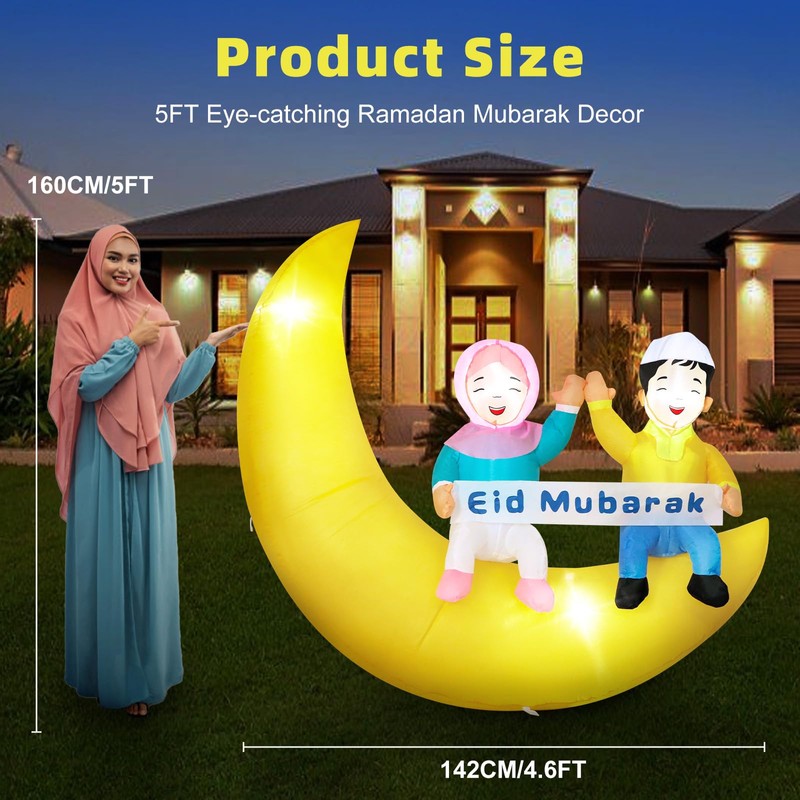 Dawdix 5FT Ramadan & Eid Mubarak Inflatable Decorations with LED