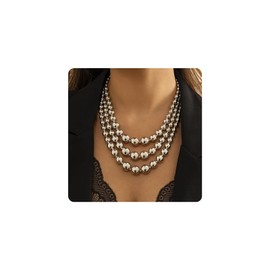 CLOORDE Chunky Silver Beaded Necklace for Women Silver Beaded Layered Necklaces Trendy Hip Hop Style Statement Ball Necklaces Exaggerated Jewelry Accessories Gifts