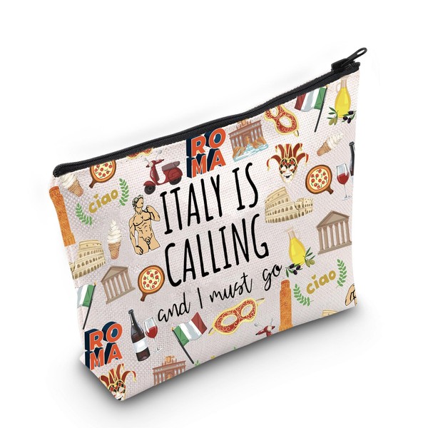 POFULL Italy Map iconic traditional Souvenir Gift ITALY Is Calling and I Must Go Traveller Zipper Pouch Makeup Bag (white ITALY Calling Bag)