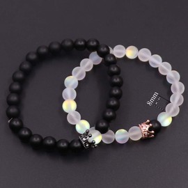 UEUC King&Queen Crown Distance Couple Bracelets His Hers Black Matte Agate 8mm Beads Bracelet