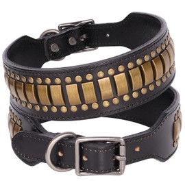 PET ARTIST Soft Genuine Leather Dog Collar, 2" Wide Luxury Rivet Studded Collar with Heavy Duty Metal Buckle, Adjustable Spiked Collar for Medium Dogs, Brown, L, Neck for 15-18"