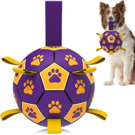 QDAN Dog Ropes Toys Soccer Ball with Straps, Interactive Dog Toys for Tug of War, Puppy Birthday Gifts, Dog Tug Toy, Dog Water Toy, Durable Dog Balls for Medium & Large Dogs-Purple&Gold（8 Inch）