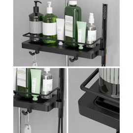 Howdah Duschablage ohne Bohren Duschstangen-Aufbewahrungsregal, Hängende Bad-Accessoire-Halter mit 2 Haken und Edelstahl-Umrandung, Geeignet für 18mm-25mm Duschstangen Schwarz