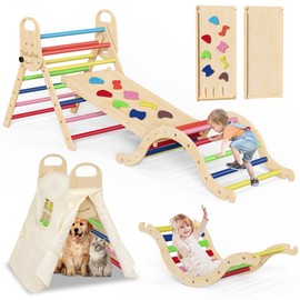 Sehloran Large Size 8 in 1 Pikler Triangle Set with Pinball Game and Tent for Kids, Foldable Toddler Climbing Toys Indoor, Natural Wooden Montessori Climbing Set Jungle Gym with Arch&Ramp&Ladder